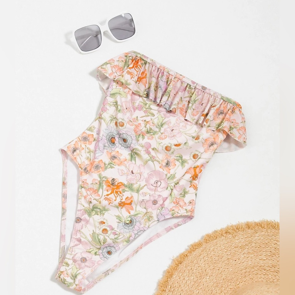 ASOS Petite frill bandeau swimsuit in WATERCOLOR floral